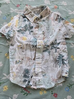 Janie and Jack Tropical Print Button-Down Shirt - White, Green, Yellow